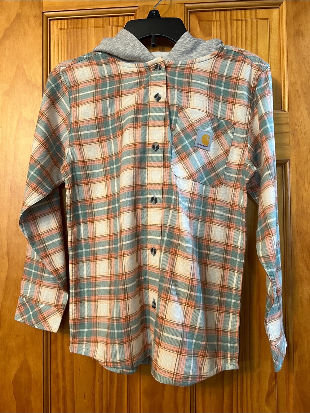 Flannel, Plaid peach/light peach/mint/white, gray sweatshirt hood